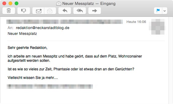 Heute erreichte uns diese E-Mail, die wir schnell beantworten konnten | Screenshot: Neckarstadtblog