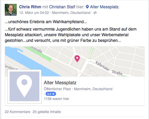 Screenshot von Chris RIhms Facebook-Status nach dem Übergriff 