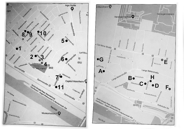 Links die Immobilienaufkäufe in Neckarstadt-West, rechts in Neckarstadt-Ost | Karten: FairMieten 