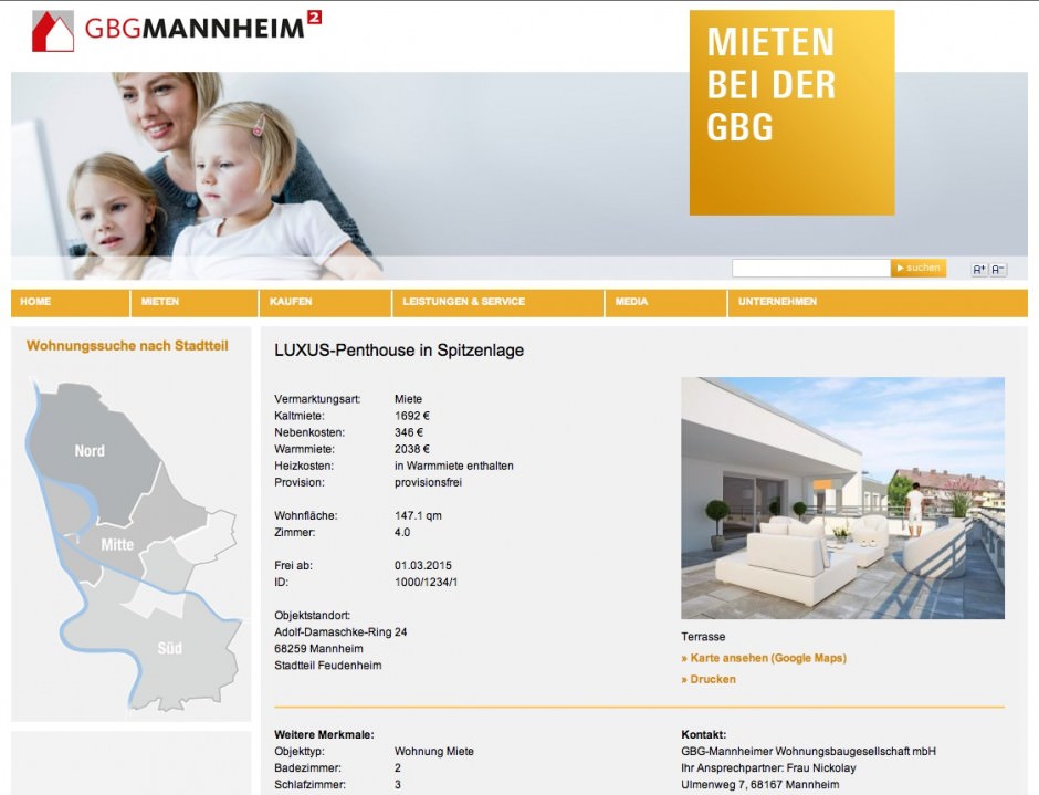 Für 2038 Euro Warmmiete könnten auch 4 Familien wohnen | Screenshot: GBG-Webseite