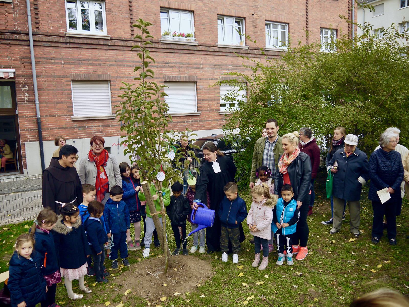 Die Evangelische Pfarrerin Judith Natho gießt das frisch gepflanzte Apfelbäumchen | Foto: M. Schülke