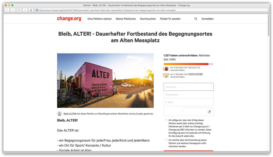 Screenshot der Petitions-Webseite zum Fortbestand von ALTER