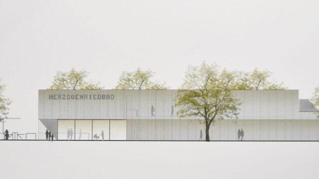 Illustration zum Entwurf für den Kombibad Neubau | Foto: M. Schülke, Zeichnung: Sacker Architekten