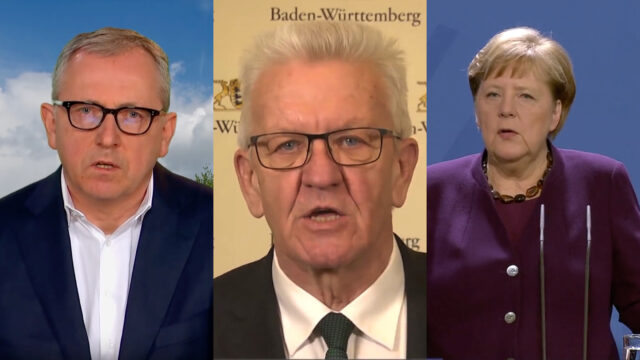 corona-kurz-kretschman-merkel Mannheims Oberbürgermeister Peter Kurz, der baden-württembergische Ministerpräsident Winfried Kretschmann und Bundeskanzlerin Angela Merkel wandten sich jeweils per Video an die Öffentlichkeit | Montage: Neckarstadtblog
