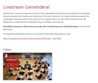 Am 02.04.2020 wird erstmals eine Sitzung des Mannheimer Gemeinderats per Video-Livestream über den YouTube-Kanal der Stadt Mannheim übertragen | Screenshot: mannheim.de