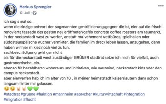 In einem Facebook-Beitrag beklagt sich der Grüne Stadtrat über einen nächtlichen Eierwurf auf das Café seines Westwind-Mitstreiters | Screenshot: Facebook