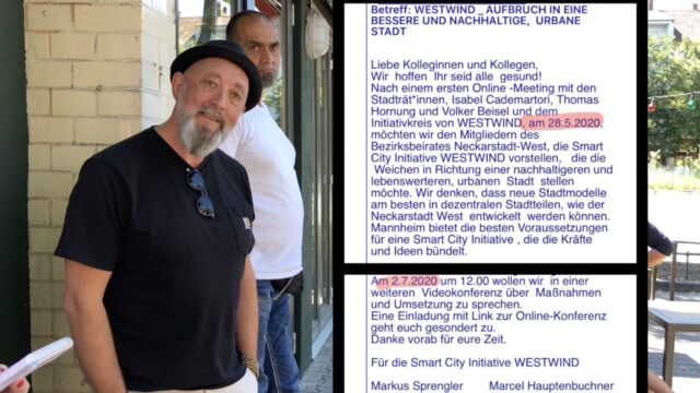 Markus Sprengler (Stadtrat Grüne) und Maik Rügemer (Netzwerk Wohnumfeld) sehen vor allem die guten Seiten des Investors | Screenshot: Neckarstadtblog