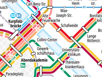 Auszug aus dem Liniennetzplan der rnv, der den normalen Straßenbahnverkehr über den Neckar über die Kurpfalzbrücke (links oben) und die Friedrich-Ebert-Brücke (rechts unten zwischen Universitätsklinikum und Theresienkrankenhaus) abbildet | Screenshot: rnv