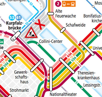 Auszug aus dem Liniennetzplan der rnv mit damals notwendigen Umleitungen der betroffenen Linien über die Friedrich-Ebert-Brücke | Screenshot: rnv