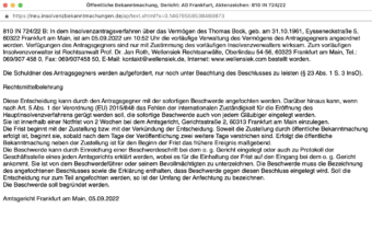 Die öffentliche Bekanntmachung vom Amtsgericht Frankfurt | Screenshot: insolvenzbekanntmachungen.de