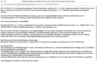 Die öffentliche Bekanntmachung vom Amtsgericht Frankfurt | Screenshot: insolvenzbekanntmachungen.de