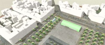 Zwischen dem ehemaligen Platzhaus und dem Theater Oliv soll das neue Einraumhaus stehen | Bild: Stadt Mannheim