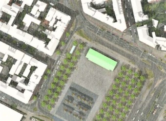 Zwischen dem ehemaligen Platzhaus und dem Theater Oliv soll das neue Einraumhaus stehen | Bild: Stadt Mannheim