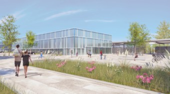 Das Herzogenriedbad soll um eine Schwimmhalle zum Kombibad erweitert werden. So soll der neue Eingangsbereich aussehen (Rendering) | Bildrechte: Stadt Mannheim