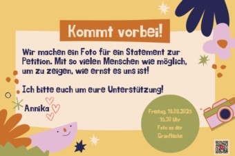 flyer petition fototermin 340x226 - Kinder würden zwischen Autos und Abgasen spielen…